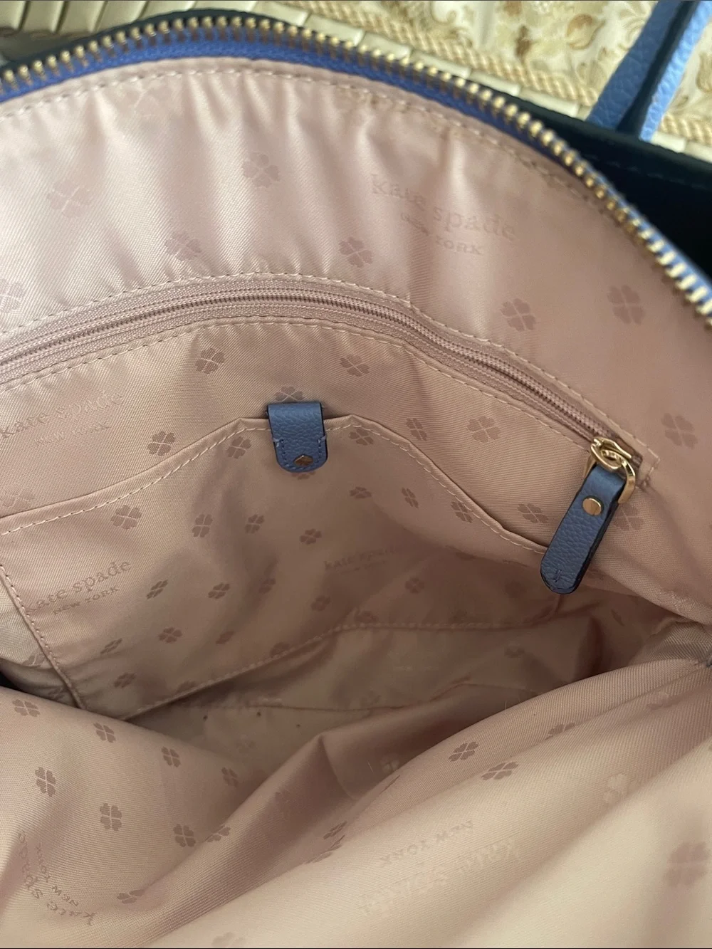 kate spade pebble leather tote in pale blue with gold hardware